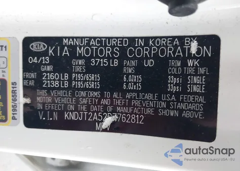 2013 Kia Soul z USA, uszkodzony, nr VIN KNDJT2A52D7762812